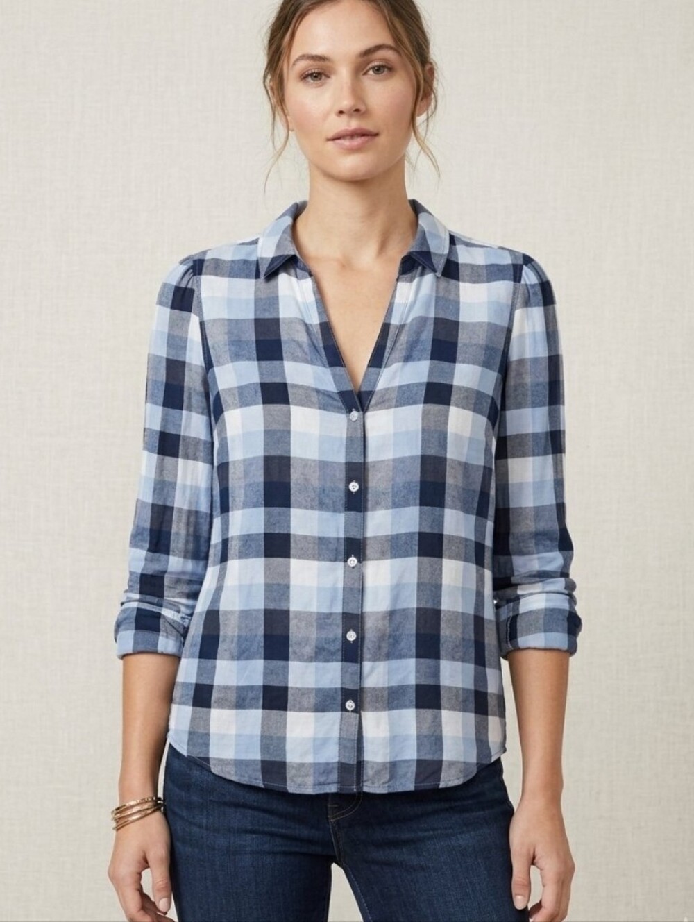 PAIGE Enid Blue Black Plaid V-Neck Button Up Shirt Blouse Size L